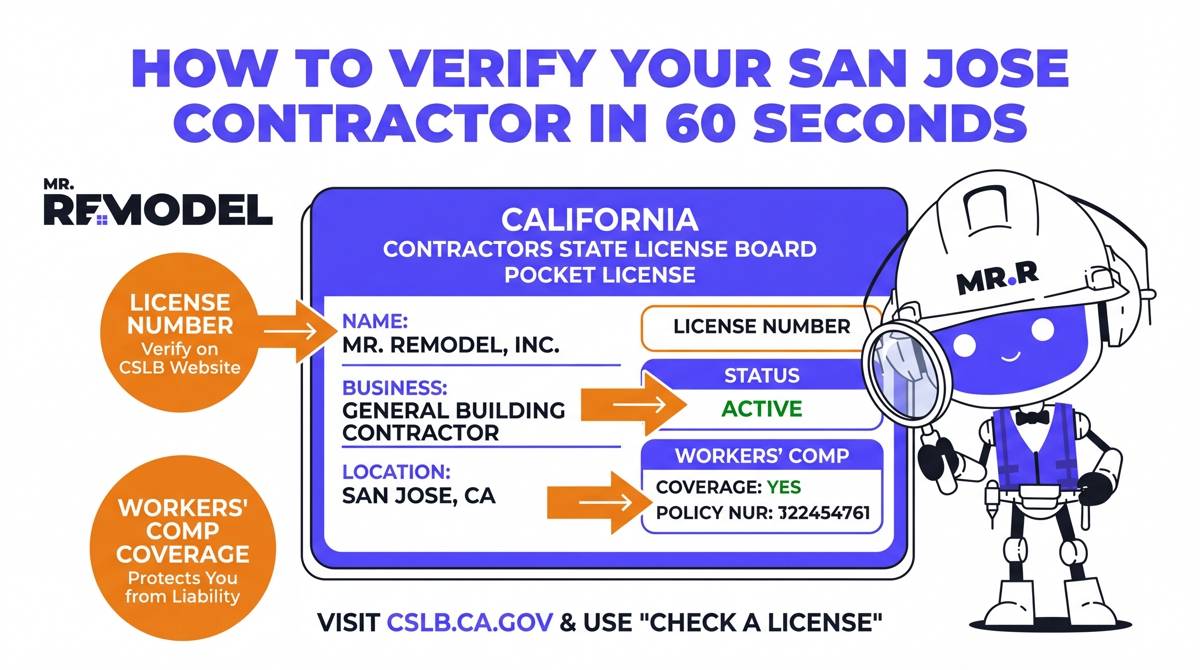 A guide showing a California CSLB Pocket License with orange highlights on the license number and insurance status, explaining how San Jose homeowners can vet contractors.